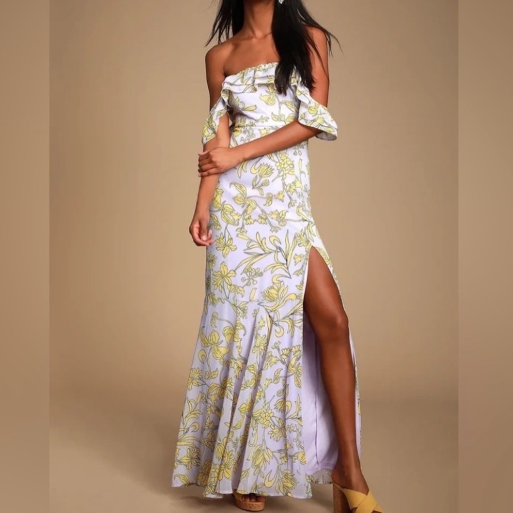 Lulu's Lavender Off-Shoulder Maxi Dress with Yellow Floral Print